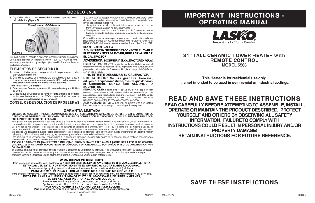 Lasko 5566 manual Important Instructions, Operating Manual 