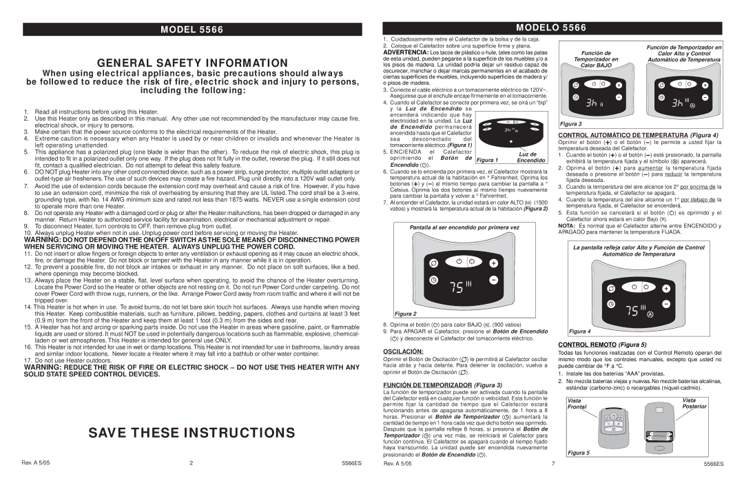 Lasko 5566 manual Funcionamiento, Función DE Temporizador Figura, Control Automá Tico DE Temperatura Figura 