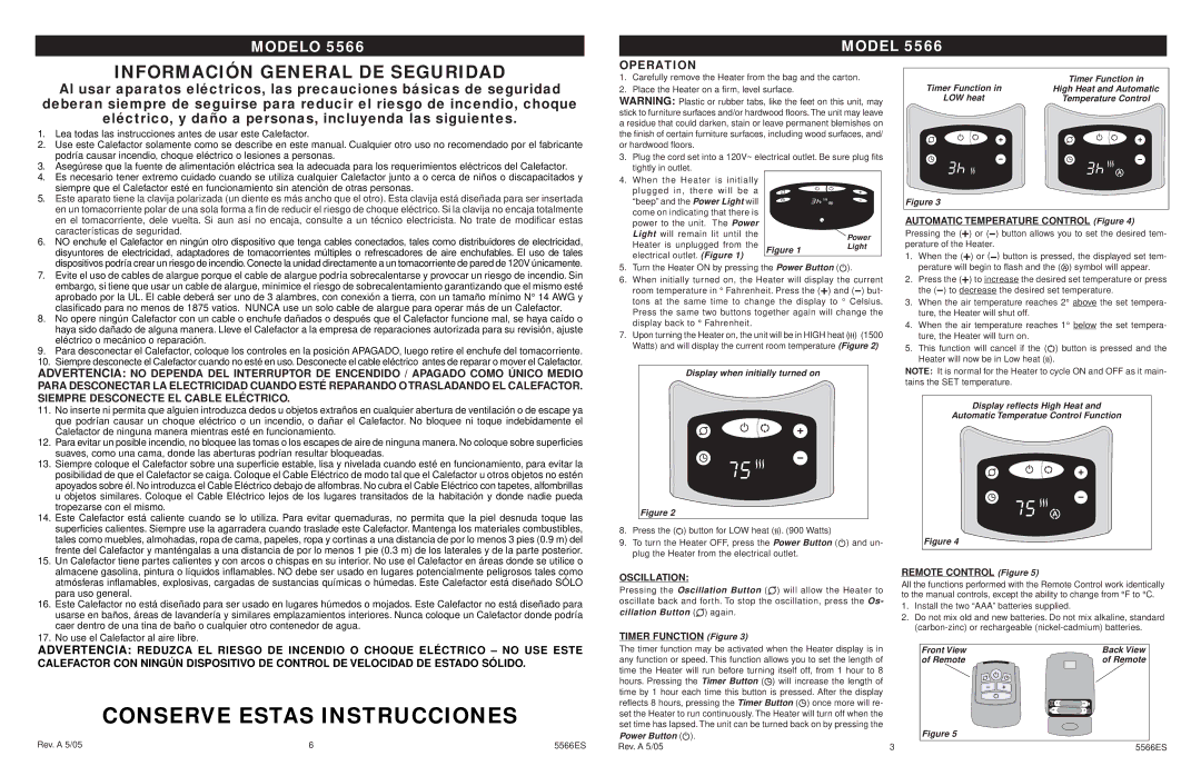 Lasko 5566 manual Operation, Timer Function Figure, Automatic Temperature Control Figure, Remote Control Figure 