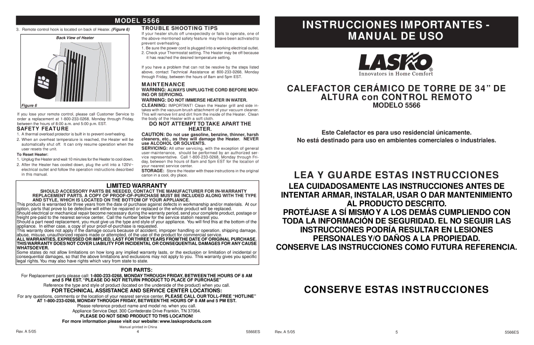 Lasko 5566 manual Instrucciones Importantes, Manual DE USO 