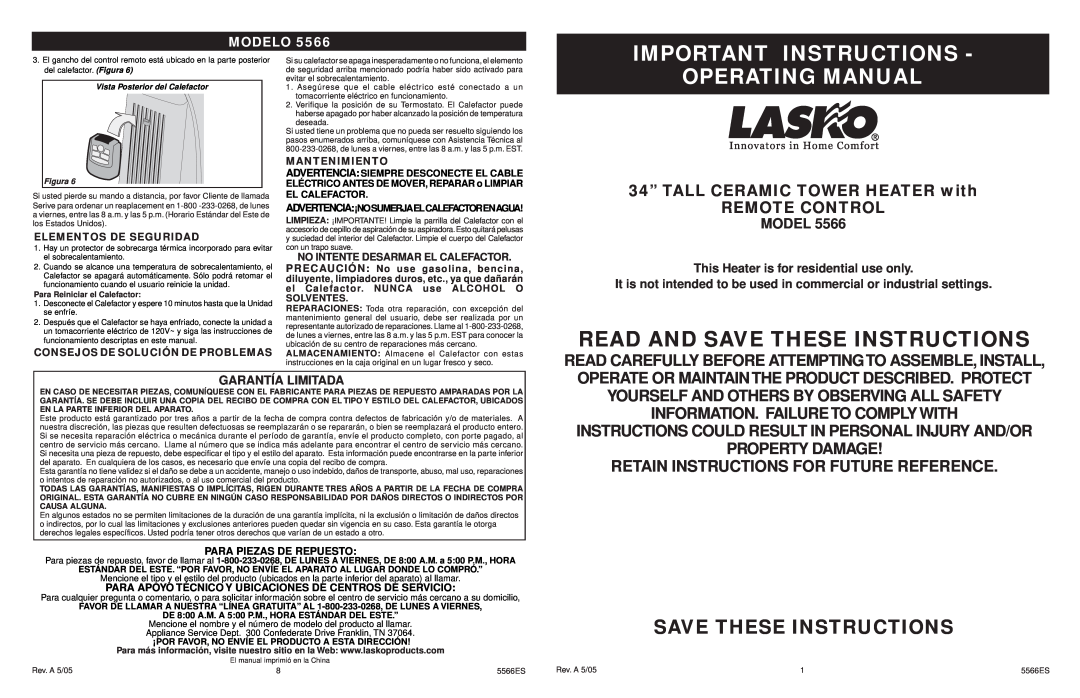 Lasko 5566, 5586 manual Important Instructions, Operating Manual, Read And Save These Instructions, Modelo 
