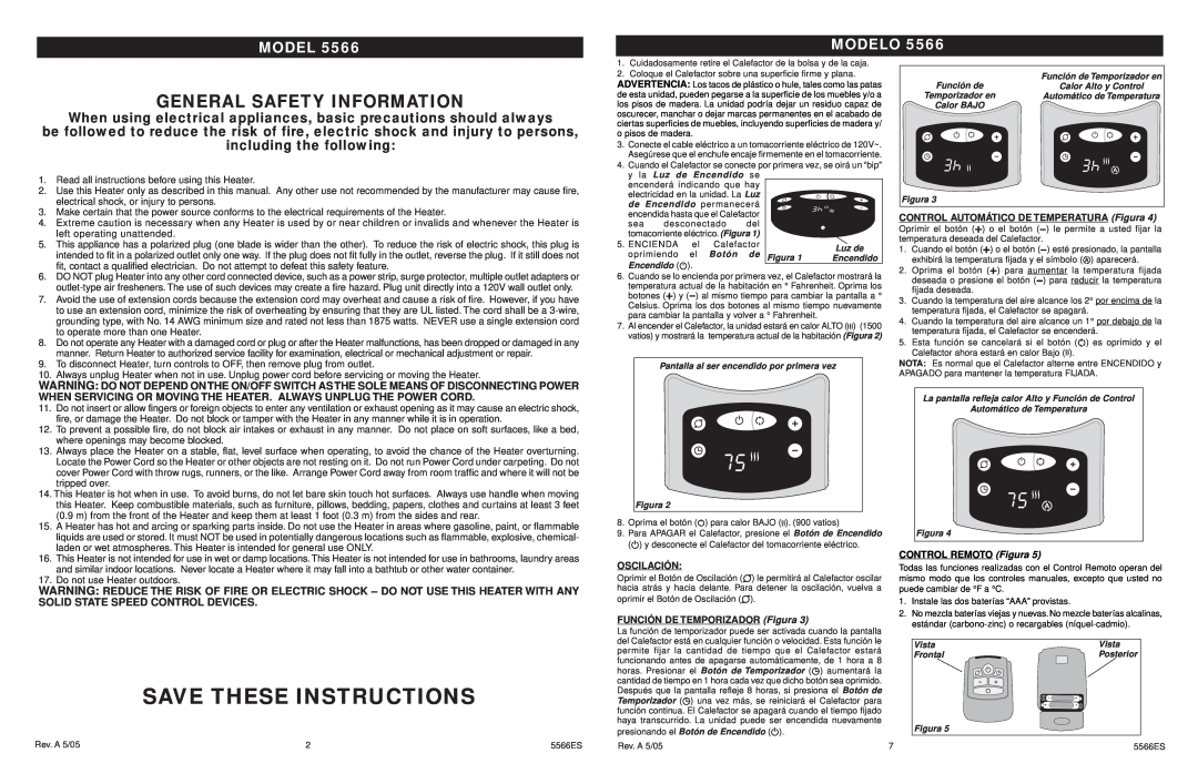 Lasko 5566 manual General Safety Information, When using electrical appliances, basic precautions should always, Modelo 