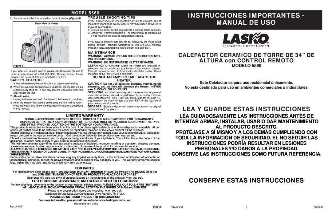 Lasko 5566 Instrucciones Importantes, Manual De Uso, Lea Y Guarde Estas Instrucciones, Modelo, Safety Feature, Maintenance 