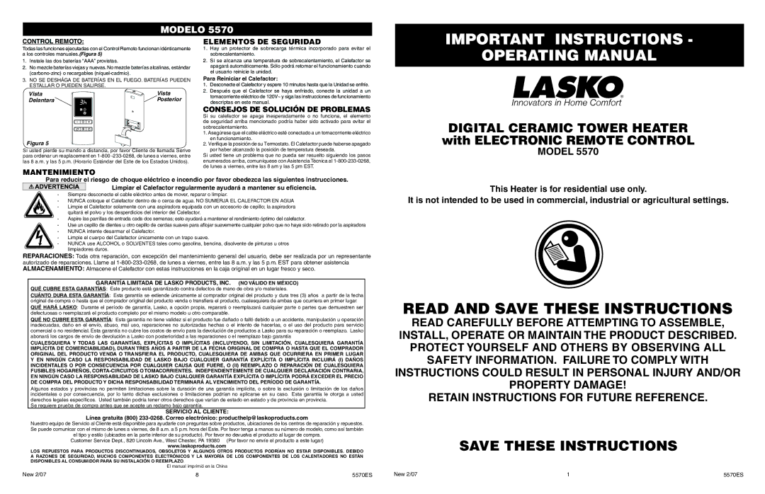 Lasko 5570 manual Mantenimiento Elementos DE Seguridad, Consejos DE Solución DE Problemas, Vista Delantara Posterior 