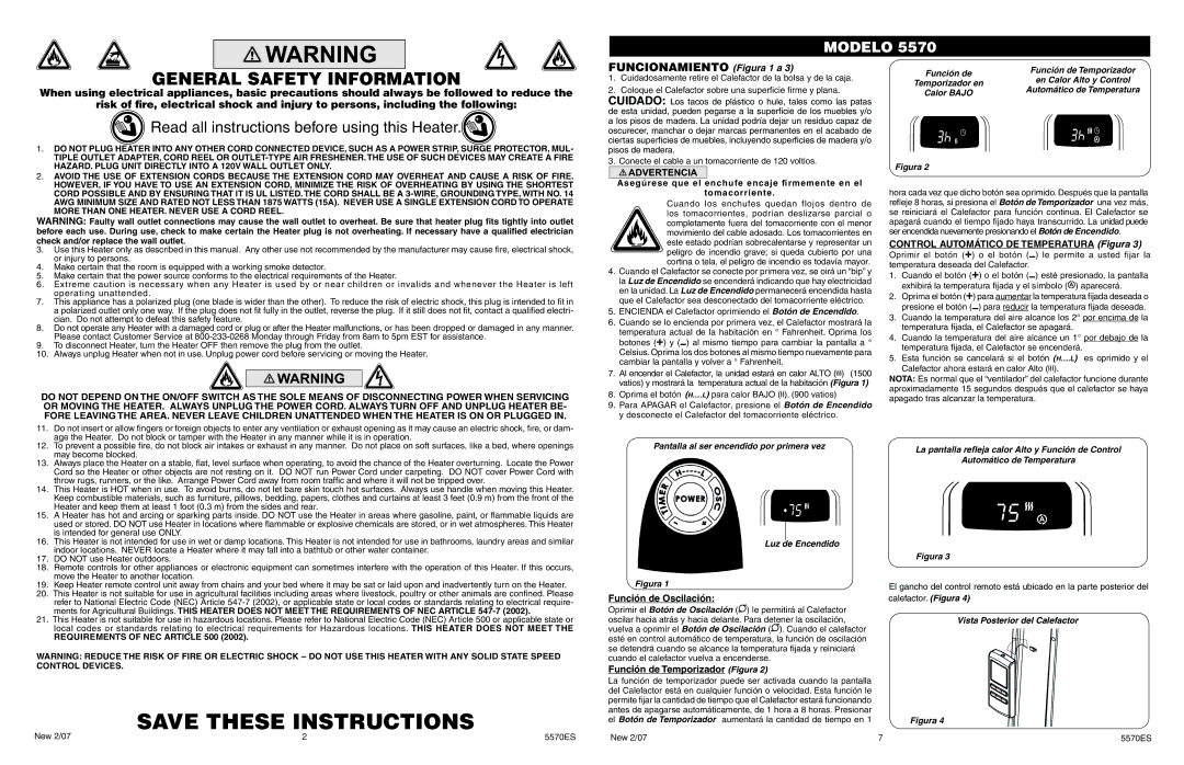 Lasko 5570 manual Control Automático DE Temperatura Figura, Función de Oscilación, Función de Temporizador Figura 