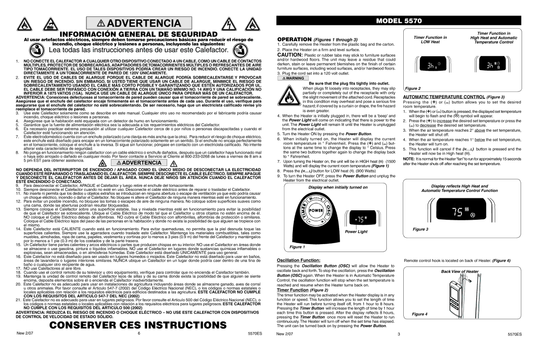 Lasko 5570 manual Automatic Temperature Control Figure, Oscillation Function, Timer Function Figure, Back View of Heater 