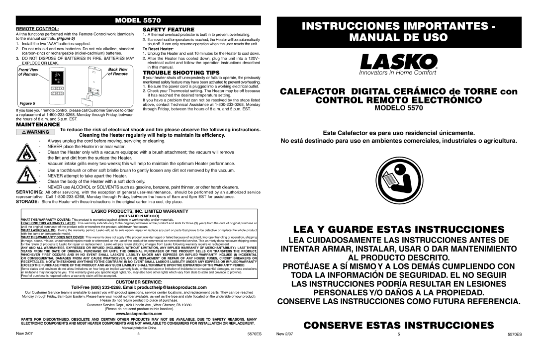 Lasko 5570 Safety Feature, Trouble Shooting Tips, Maintenance, Toll-Free 800 233-0268. Email producthelp@laskoproducts.com 