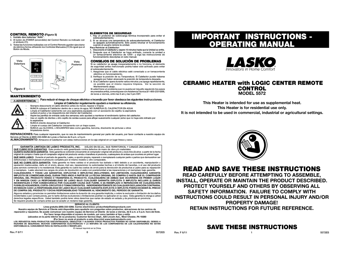 Lasko 5572 manual Consejos DE Solución DE Problemas, Mantenimiento 