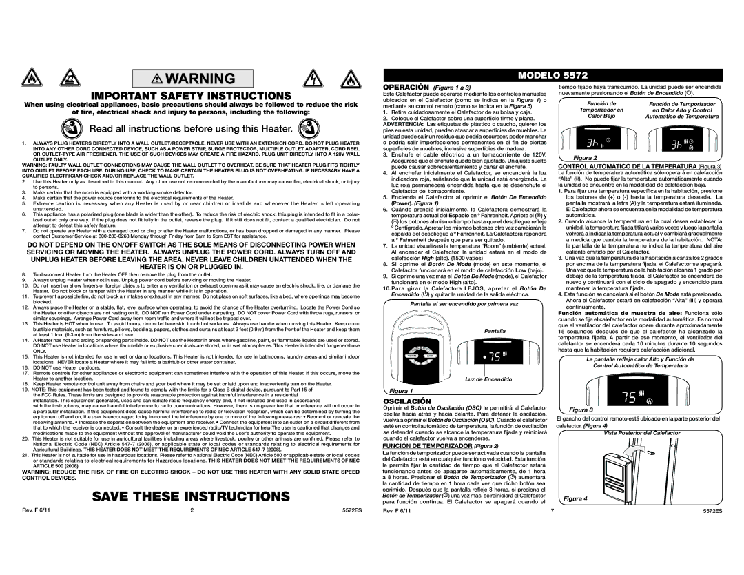 Lasko 5572 manual Oscilación, Blocked, At least 1 foot 0.3 m from the sides and rear, Do not use Heater outdoors 