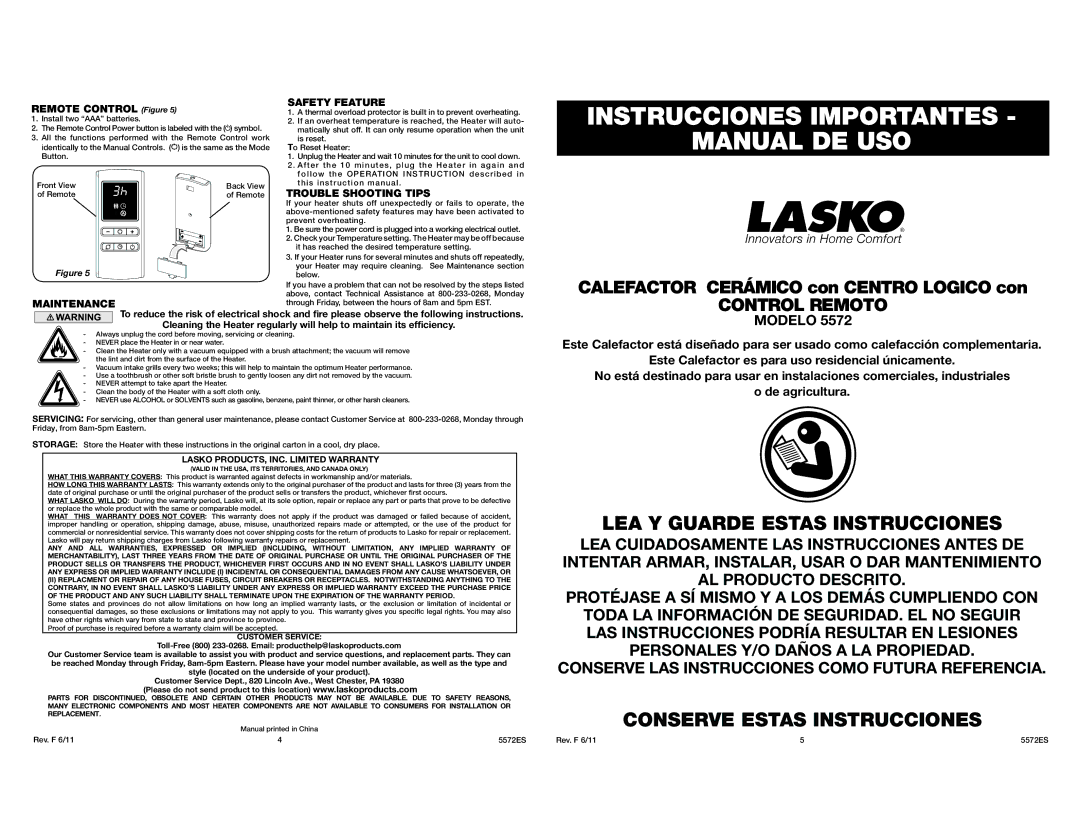 Lasko 5572 manual Safety Feature, Trouble Shooting Tips, Maintenance 