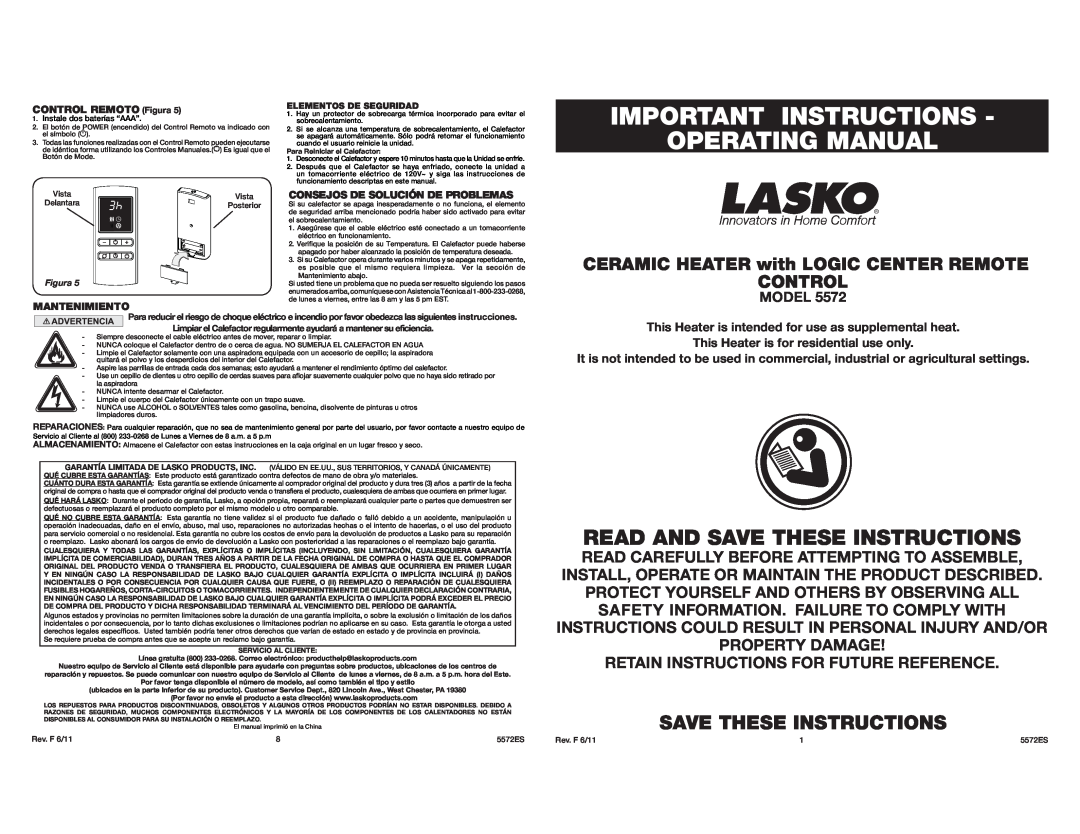 Lasko 5572 manual Important Instructions Operating Manual, Save These Instructions, Model, Figura 