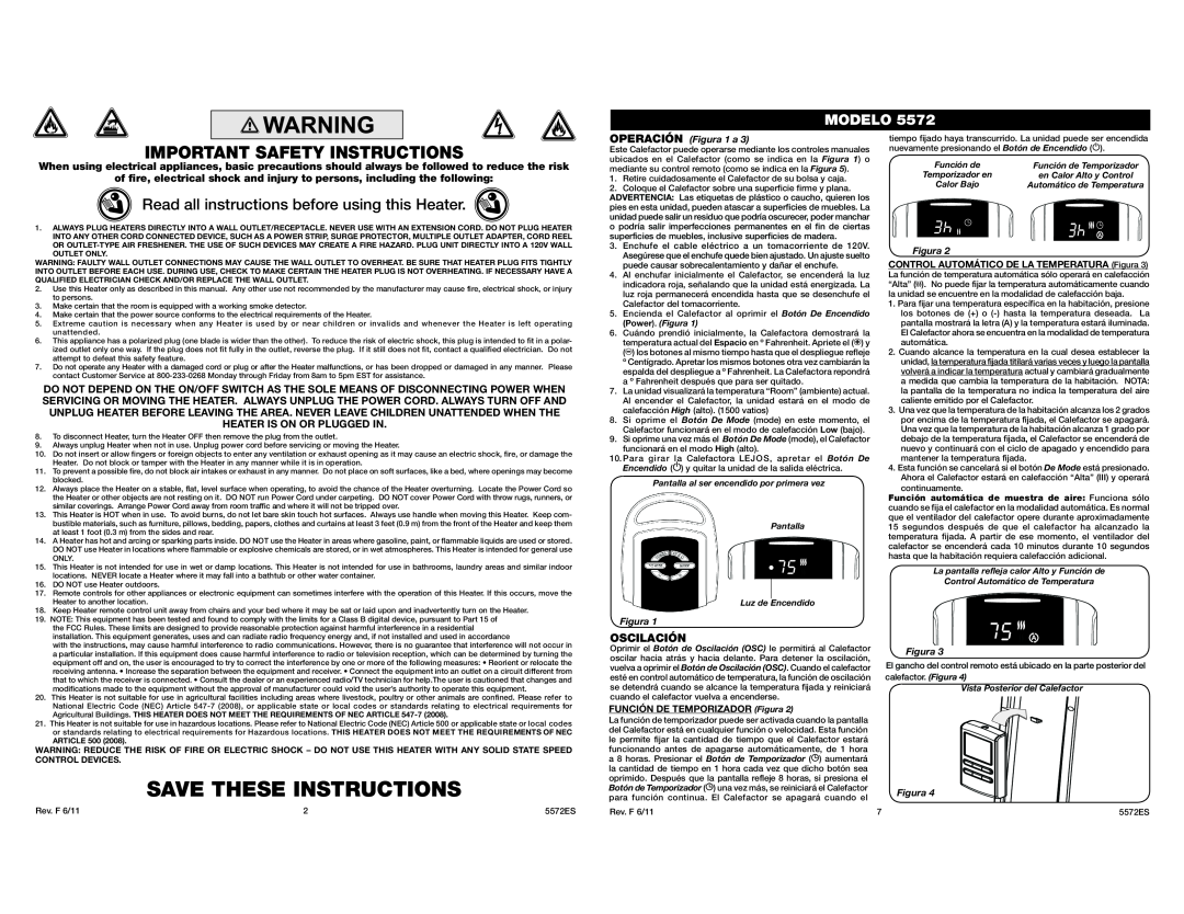 Lasko 5572 Important Safety Instructions, Read all instructions before using this Heater, Modelo, Save These Instructions 