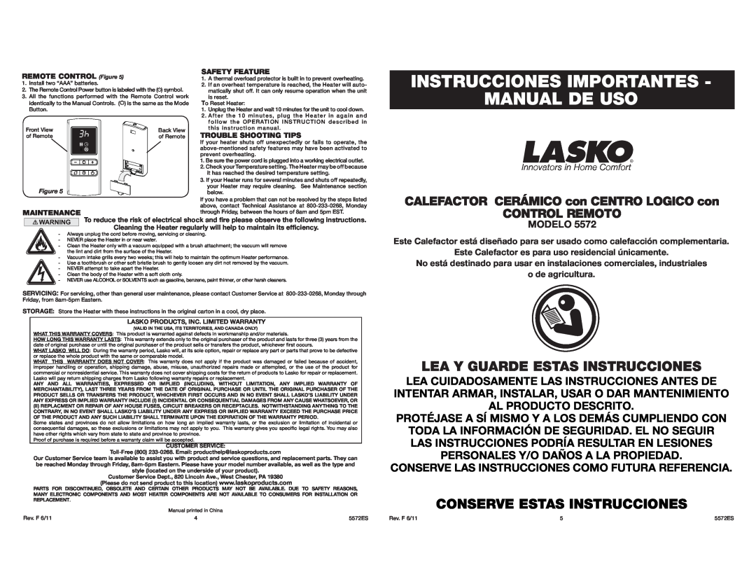 Lasko 5572 manual Instrucciones Importantes Manual De Uso, Lea Y Guarde Estas Instrucciones, Al Producto Descrito, Modelo 