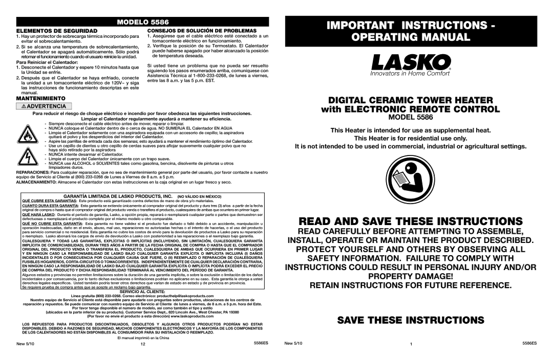 Lasko 5566 manual Important Instructions, Operating Manual, Digital Ceramic Tower Heater with Electronic Remote Control 