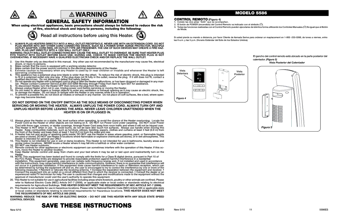 Lasko 5586, 5566 manual General Safety Information, Read all instructions before using this Heater, Control Remoto Figura 