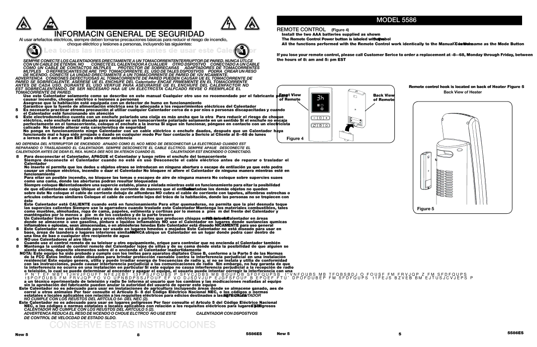 Lasko 5566 Conserve Estas Instrucciones, Información General DE Seguridad, Remote Control Figure, Back View of Heater 