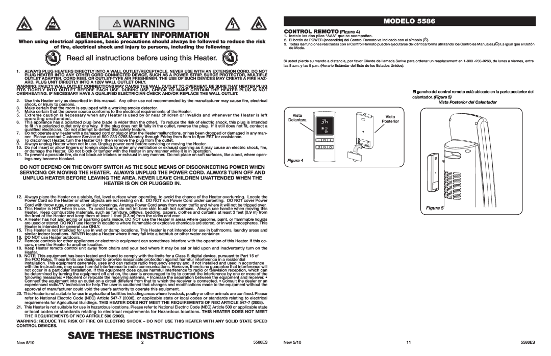 Lasko 5586 Save These Instructions, General Safety Information, Read all instructions before using this Heater, Modelo 