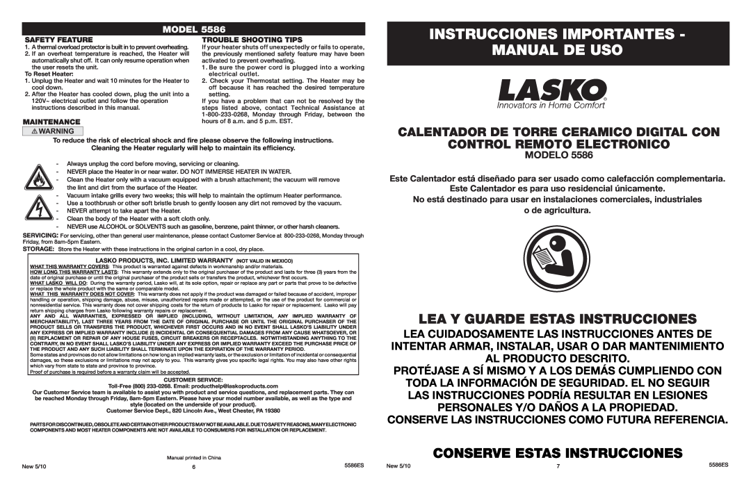 Lasko 5586, 5566 Instrucciones Importantes, Manual De Uso, Lea Y Guarde Estas Instrucciones, Control Remoto Electronico 