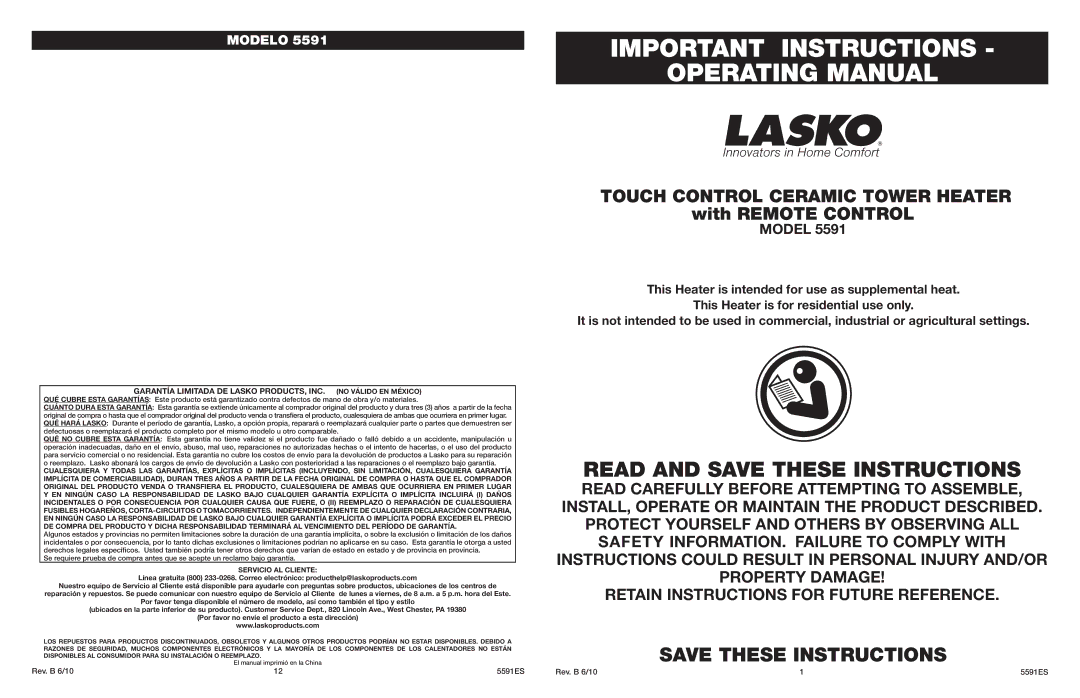 Lasko 5591 manual Important Instructions Operating Manual, Touch Control Ceramic Tower Heater with Remote Control 