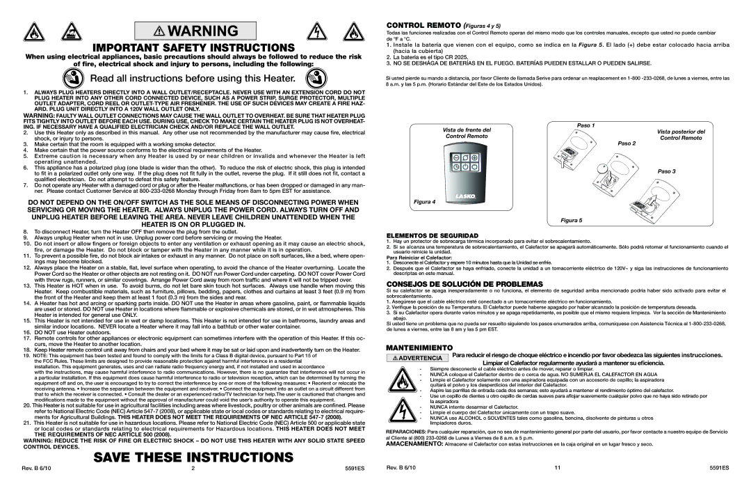 Lasko 5591 Read all instructions before using this Heater, Control Remoto Figuras 4 y, Consejos DE Solución DE Problemas 