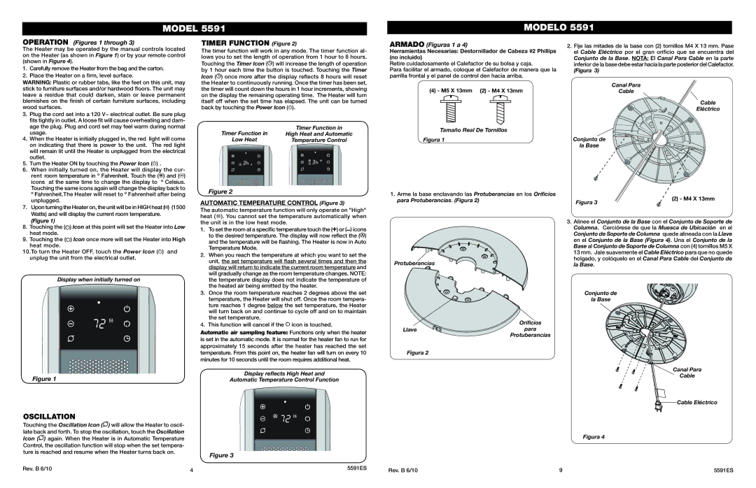 Lasko 5591 manual Timer Function Figure, Oscillation, Operation Figures 1 through, Armado Figuras 1 a 