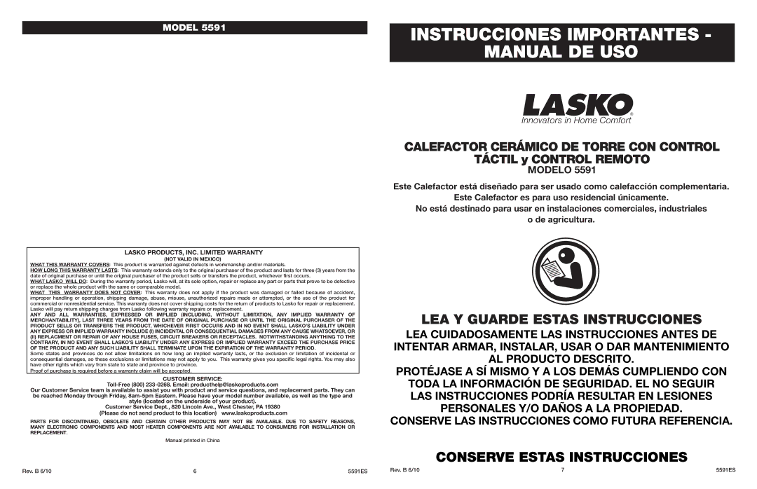 Lasko 5591 manual Instrucciones Importantes Manual DE USO, LEA Y Guarde Estas Instrucciones, Táctil y Control Remoto 