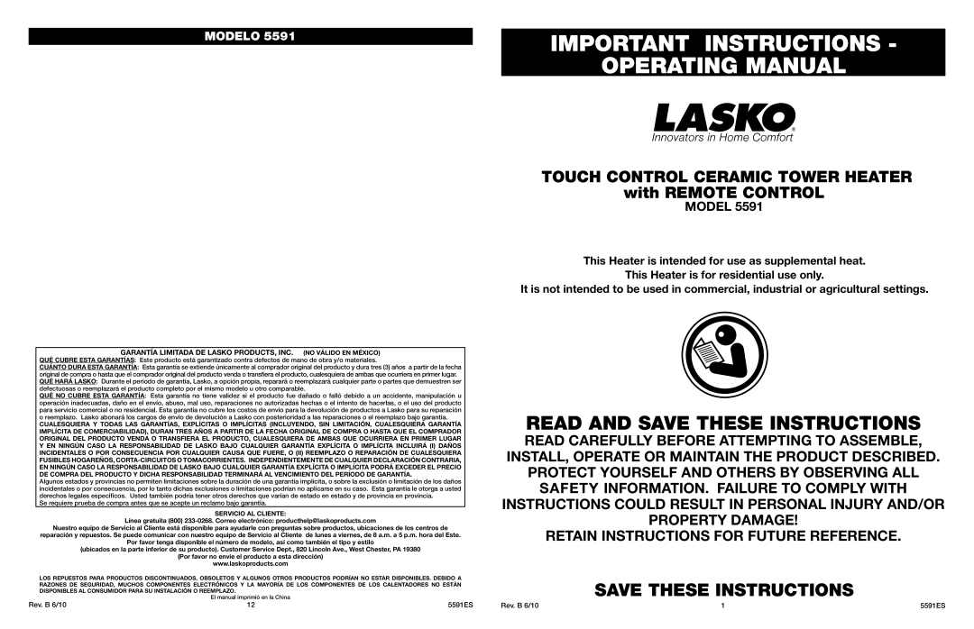 Lasko 5591 manual Important Instructions Operating Manual, Read And Save These Instructions, Modelo 