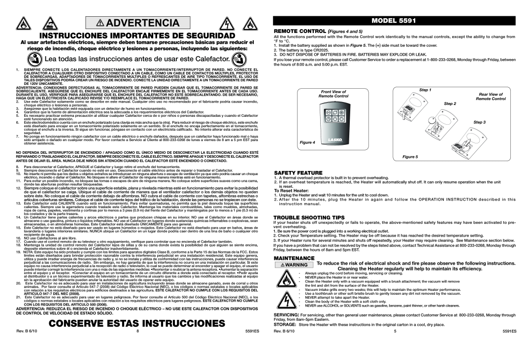 Lasko 5591 Conserve Estas Instrucciones, Lea todas las instrucciones antes de usar este Calefactor, Model, Safety Feature 