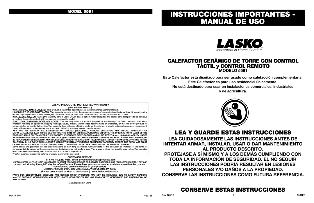 Lasko 5591 manual Instrucciones Importantes Manual De Uso, Lea Y Guarde Estas Instrucciones, Conserve Estas Instrucciones 