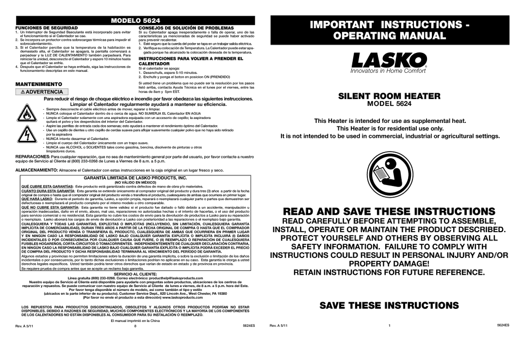 Lasko 5624 manual Important Instructions, Operating Manual, Mantenimiento 