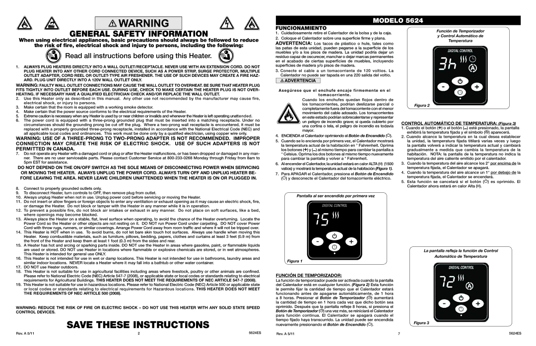 Lasko 5624 manual Funcionamiento, Función DE Temporizador 