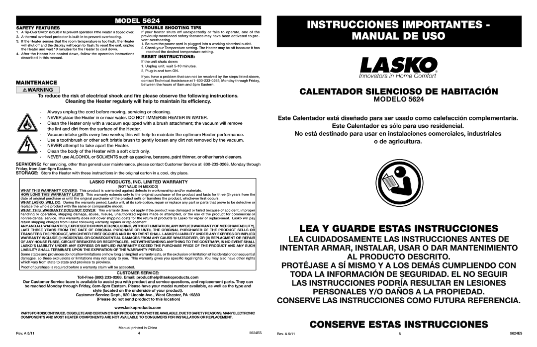 Lasko 5624 manual Instrucciones Importantes, Manual DE USO, Maintenance 