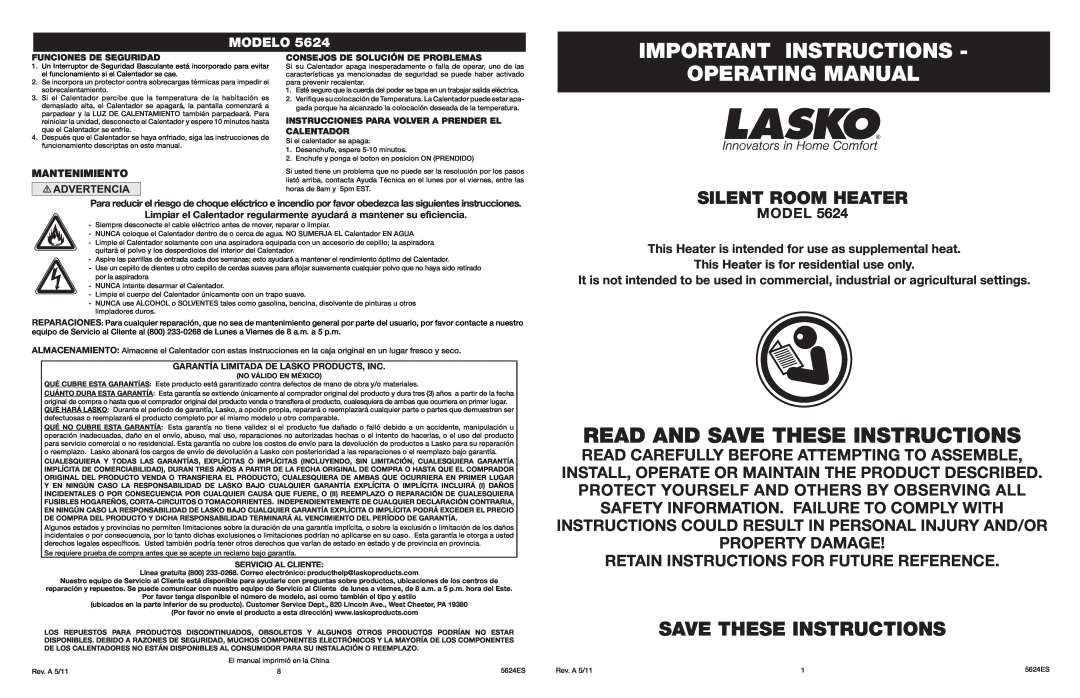 Lasko 5624 manual Important Instructions, Operating Manual, Save These Instructions, Silent Room Heater, Modelo 