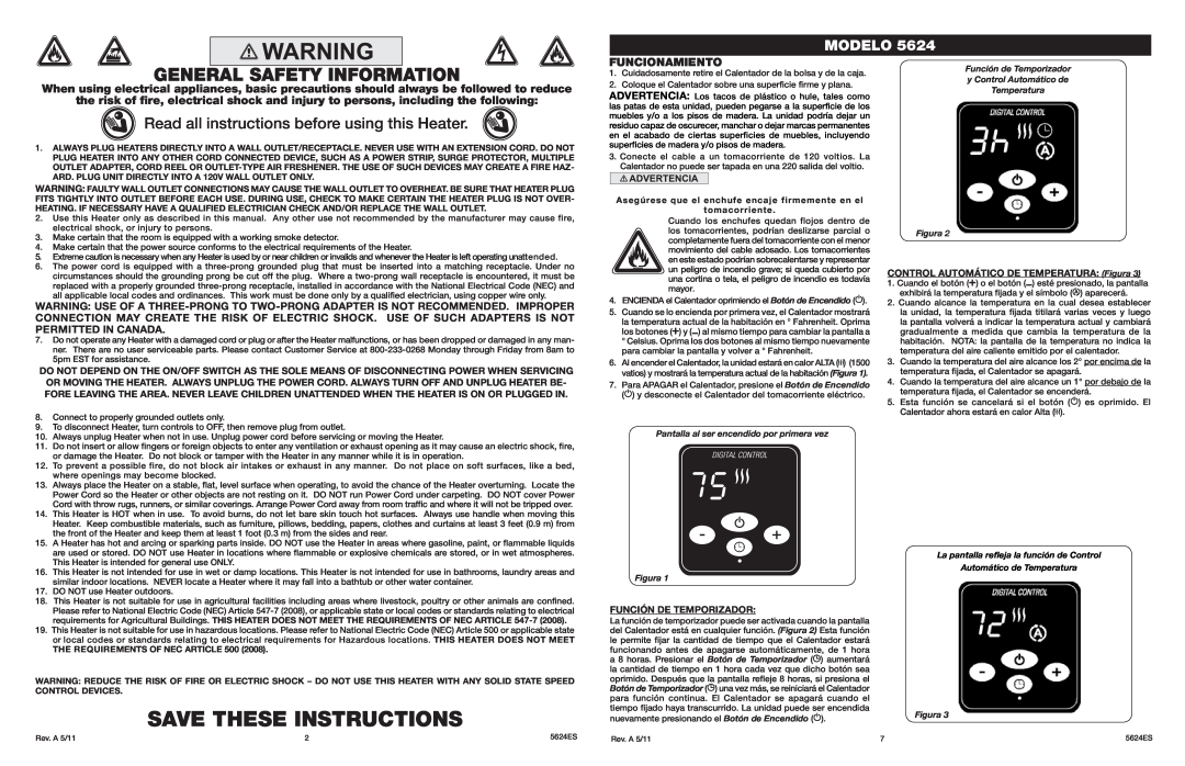 Lasko 5624 General Safety Information, Save These Instructions, Read all instructions before using this Heater, Modelo 
