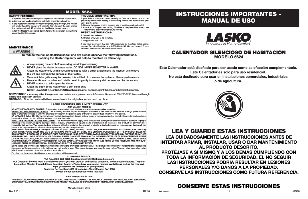 Lasko 5624 manual Instrucciones Importantes, Manual De Uso, Lea Y Guarde Estas Instrucciones, Conserve Estas Instrucciones 