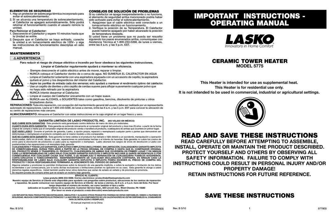 Lasko 5775 manual Consejos DE Solución DE Problemas, Mantenimiento, Para Reiniciar el Calefactor 