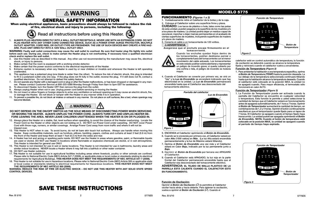 Lasko 5775 manual Función de Oscilación, Función de Temperatura Figura, Función de Temporizador Figura 