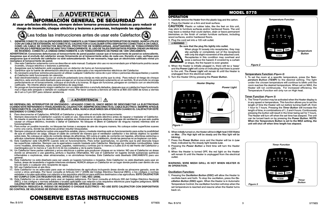 Lasko 5775 manual Operation, Oscillation Function, Temperature Function Figure, Timer Function Figure 