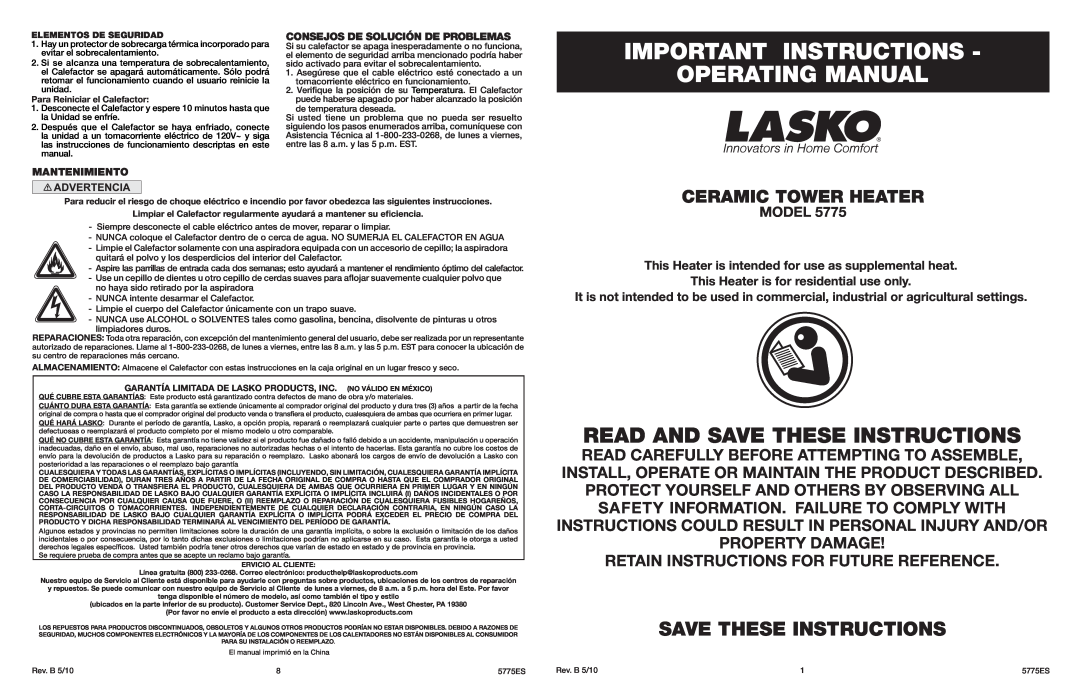Lasko 5775 manual Important Instructions Operating Manual, Save These Instructions, Ceramic Tower Heater, Model 