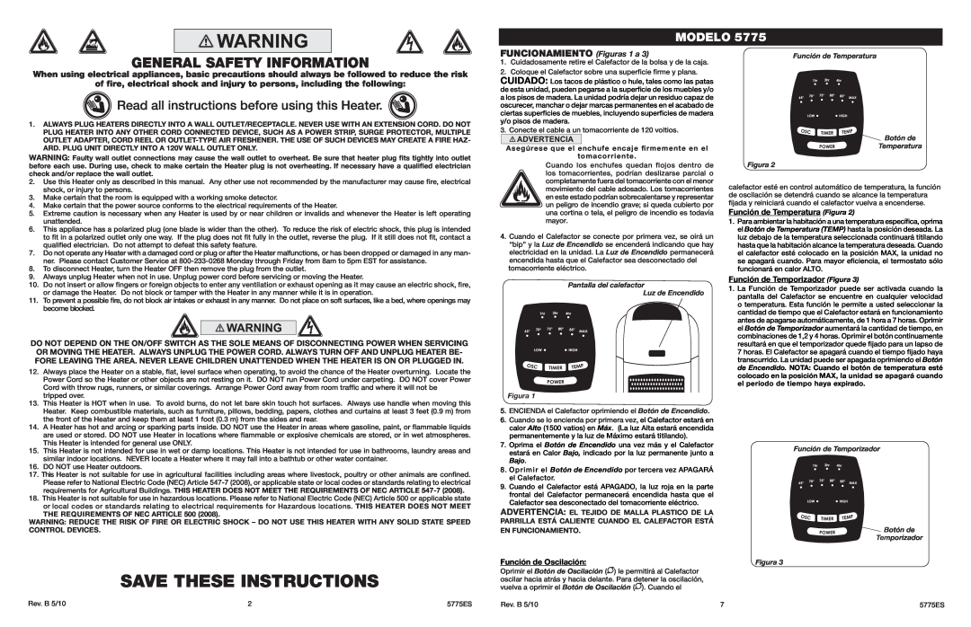 Lasko 5775 Save These Instructions, General Safety Information, Read all instructions before using this Heater, Modelo 