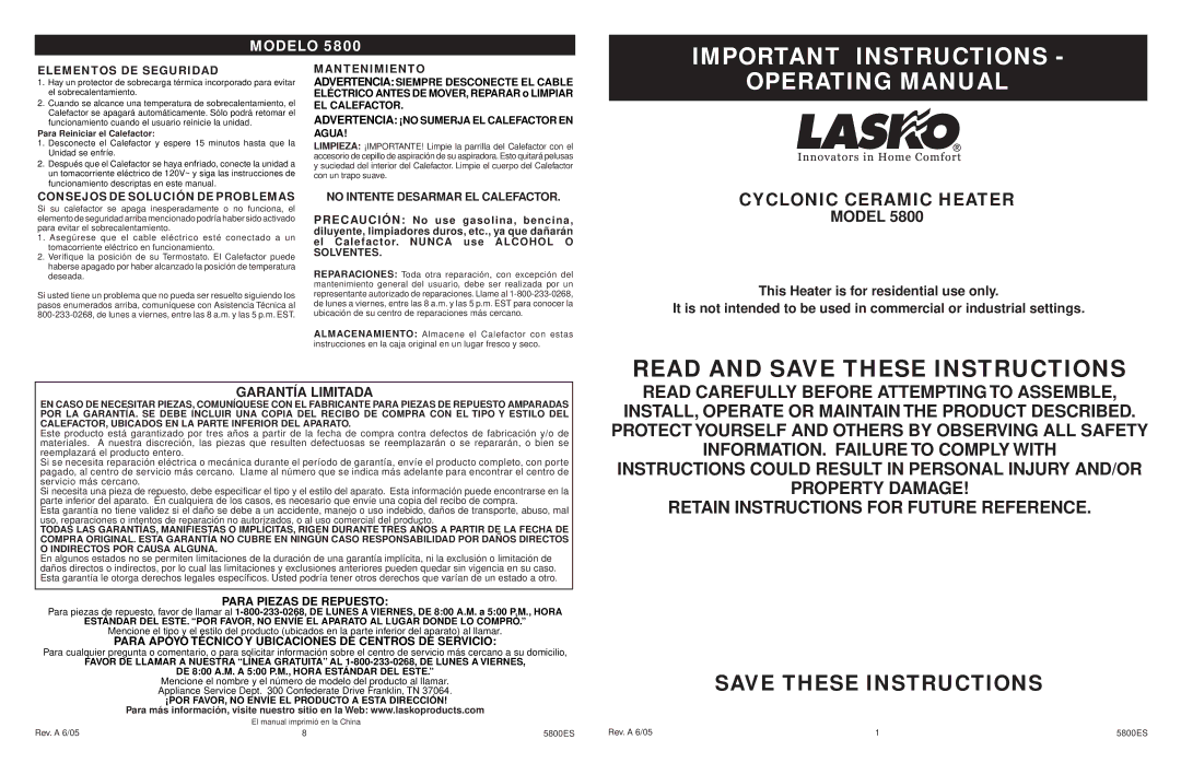 Lasko 5800 manual Important Instructions, Operating Manual, Cyclonic Ceramic Heater 