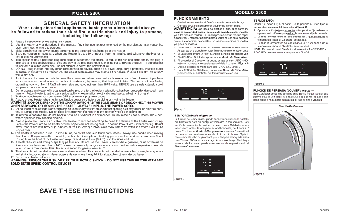 Lasko 5800 manual General Safety Information, Funcionamiento, Temporizador Figura, Función DE Persiana Louver Figura 