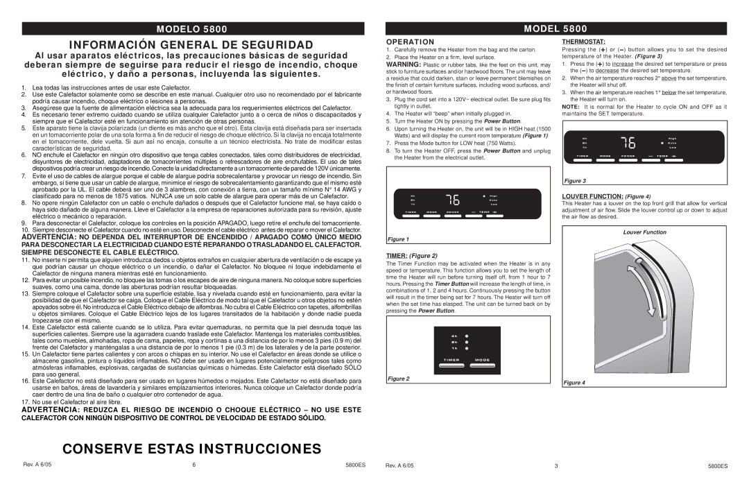 Lasko 5800 manual Información General DE Seguridad, Operation, Louver Function Figure 