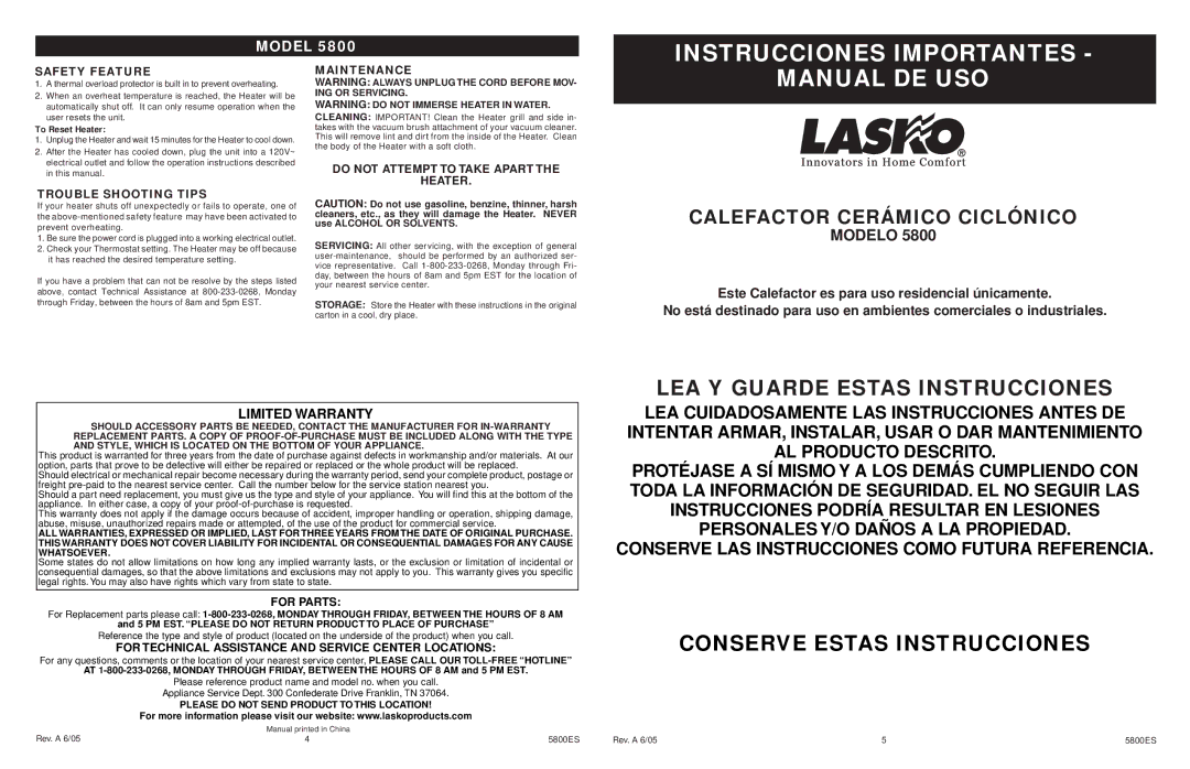 Lasko 5800 manual Instrucciones Importantes, Manual DE USO 