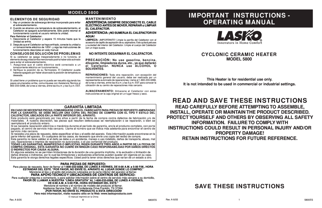 Lasko 5800 manual Important Instructions, Operating Manual, Save These Instructions, Cyclonic Ceramic Heater, Model 