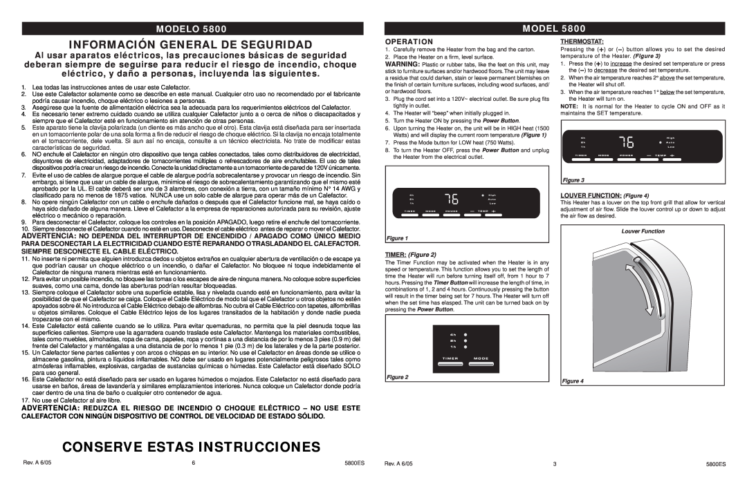 Lasko 5800 manual Conserve Estas Instrucciones, Información General De Seguridad, Operation, Modelo, TIMER Figure 