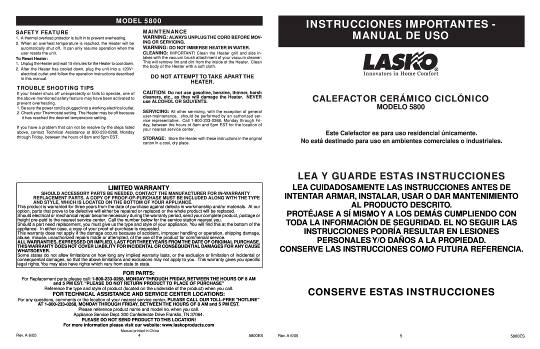 Lasko 5800 Instrucciones Importantes, Manual De Uso, Lea Y Guarde Estas Instrucciones, Modelo, Safety Feature, Maintenance 
