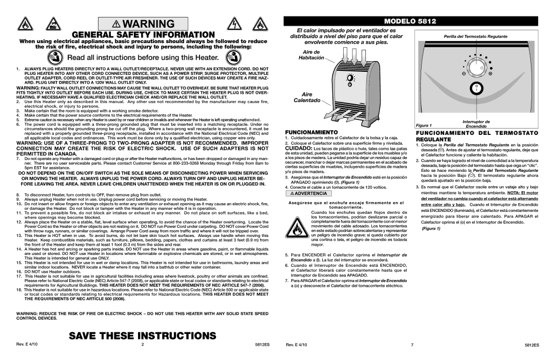 Lasko 5812 manual General Safety Information, Funcionamiento DEL Termostato Regulante 