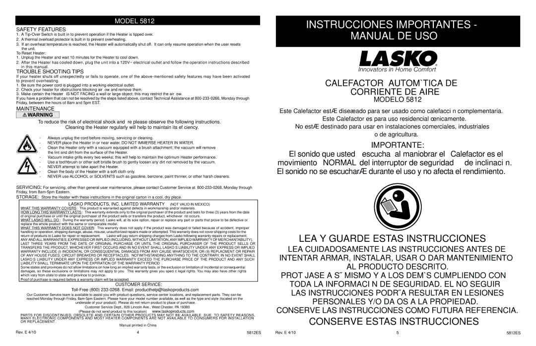 Lasko 5812 manual Safety Features, Trouble Shooting Tips, Maintenance 