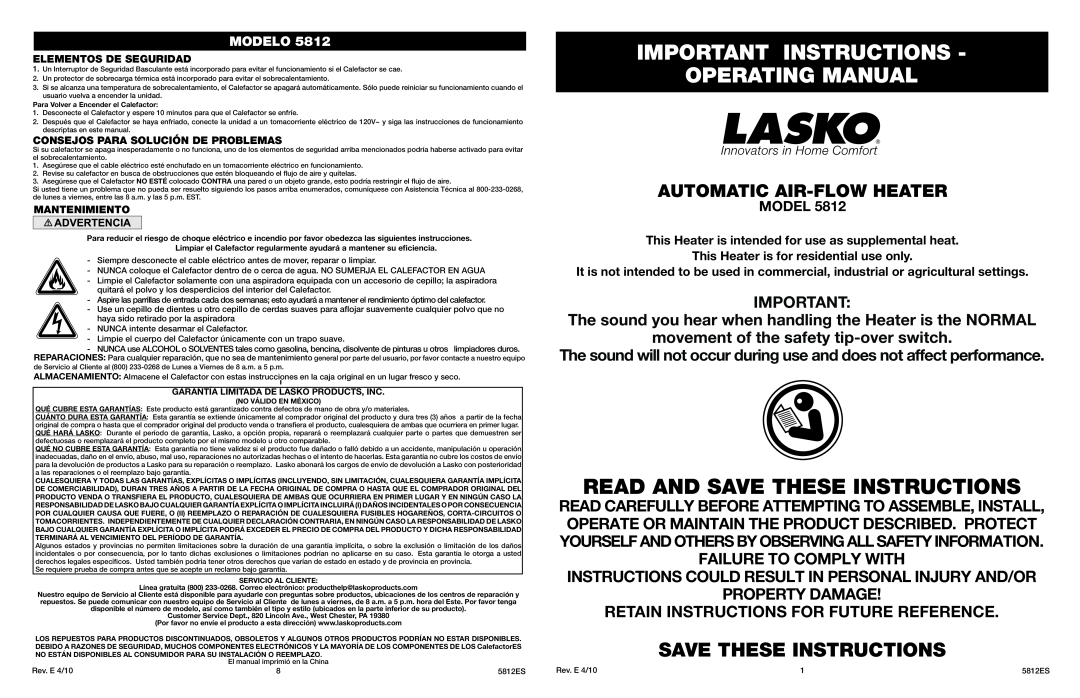 Lasko 5812 manual Important Instructions Operating Manual, Save These Instructions, Automatic Air-Flow Heater, Model 